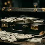 Fajos de billetes junto a un cinturón de campeonato de UFC, representando los salarios y ganancias de los peleadores de artes marciales mixtas