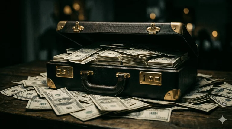 Fajos de billetes junto a un cinturón de campeonato de UFC, representando los salarios y ganancias de los peleadores de artes marciales mixtas