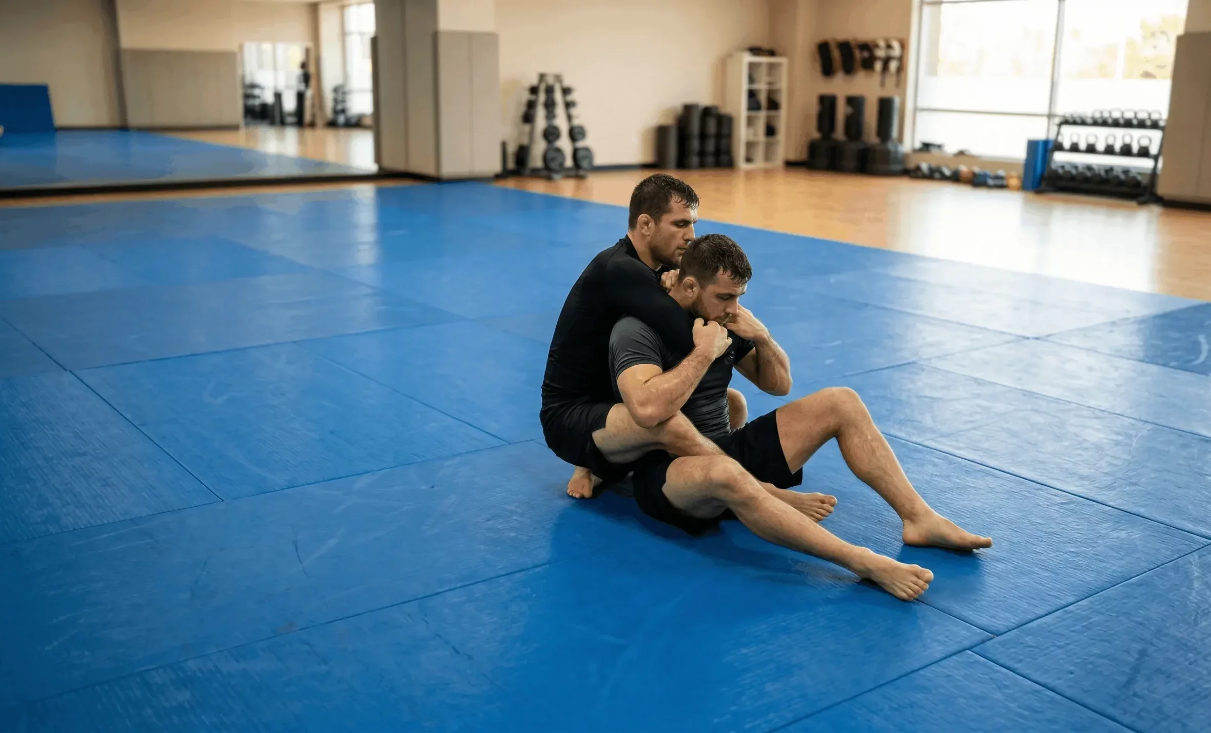 Peleador de MMA aplicando una sumision de rear naked choke en el octagono de la UFC